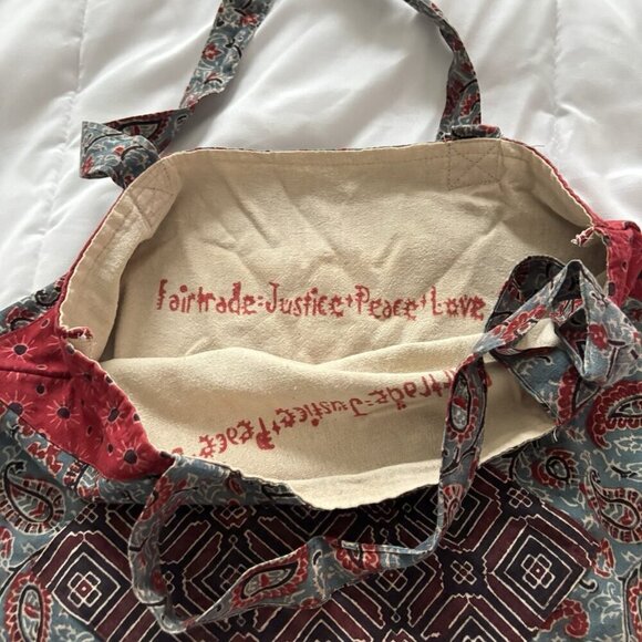 Cloth Tote Bag Fair Trade Peace Love Justice Books Grocery Blue 15" x 17" Hippie - Picture 5 of 6